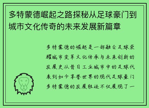 多特蒙德崛起之路探秘从足球豪门到城市文化传奇的未来发展新篇章